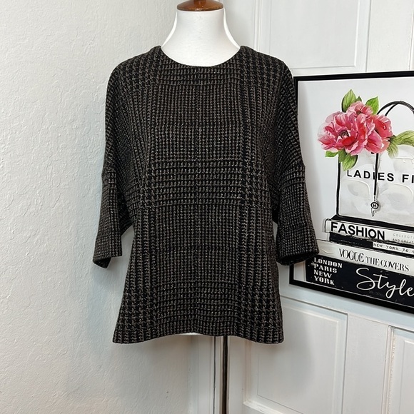 Akris Punto Black & Brown Herringbone Oversized Short Sleeve Sweater Size 10US - Picture 1 of 7